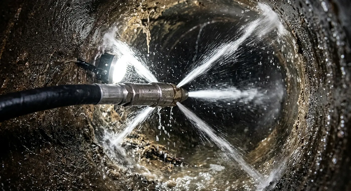 High-pressure hydro jetting nozzle cleaning sewer pipe for Trenchless Sewer Repair in Northchase