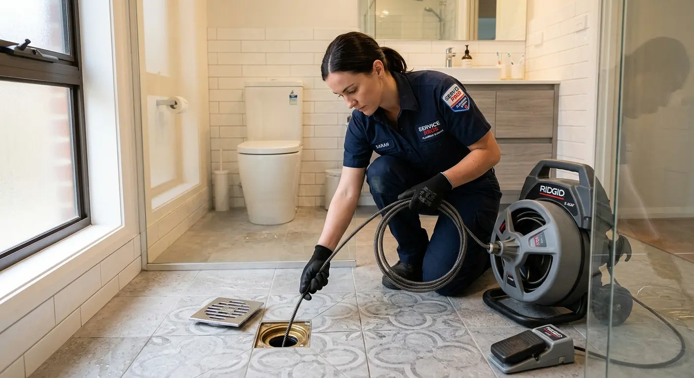 Technician clearing a bathroom floor drain for Drain Cleaning in Northchase
